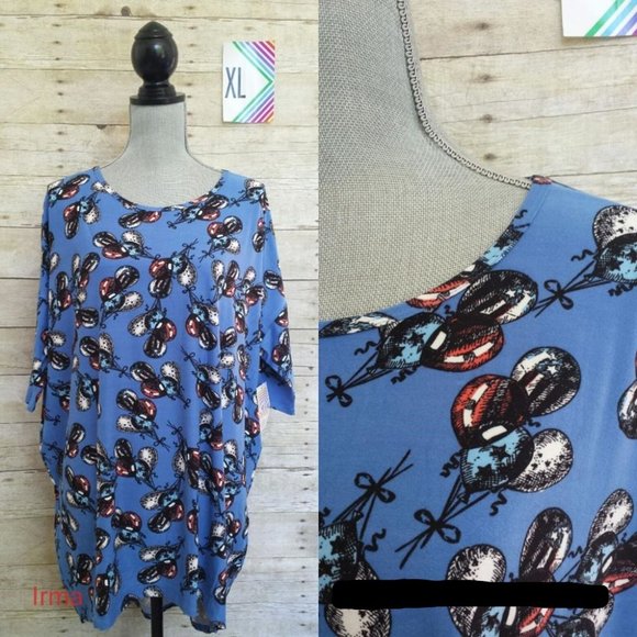LuLaRoe Irma Shirt/Tunic XL – Red, White, Blue & Black Balloons on Blue - Picture 1 of 1